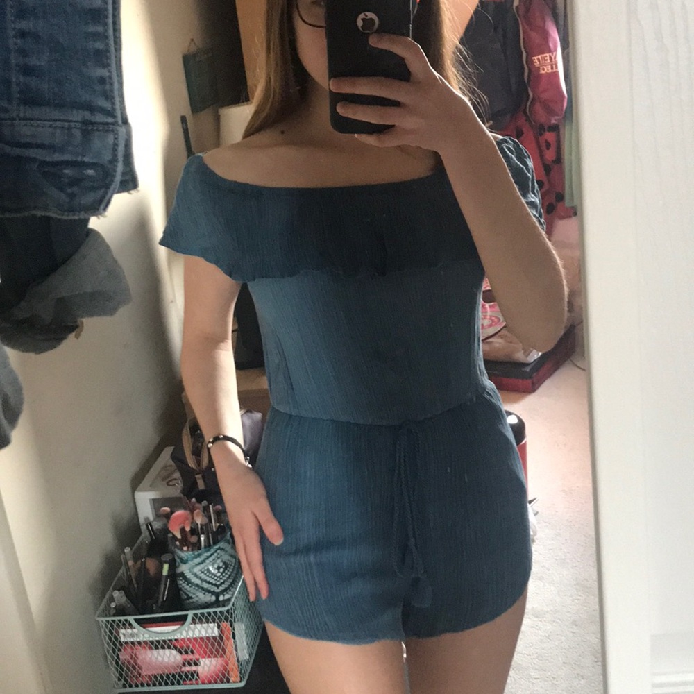 Off the Shoulder Turquoise Romper